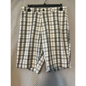 Haggar H26 Mens Size 30 White Plaid Polyester Golf Shorts Mid Rise Bermuda